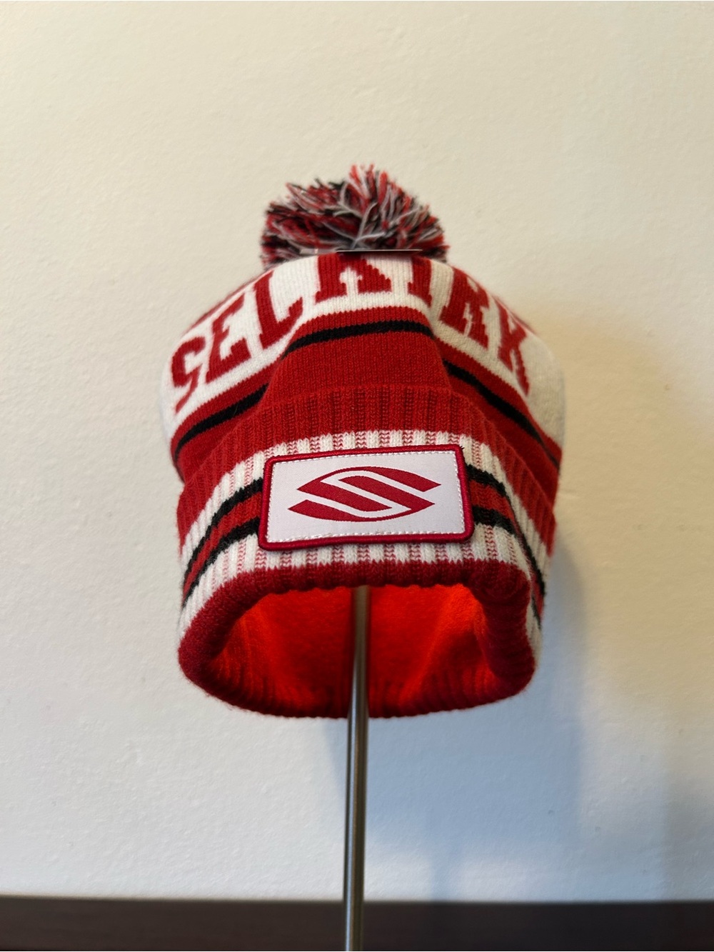 Selkirk Red White Pom Pom Beanie with Logo Patch